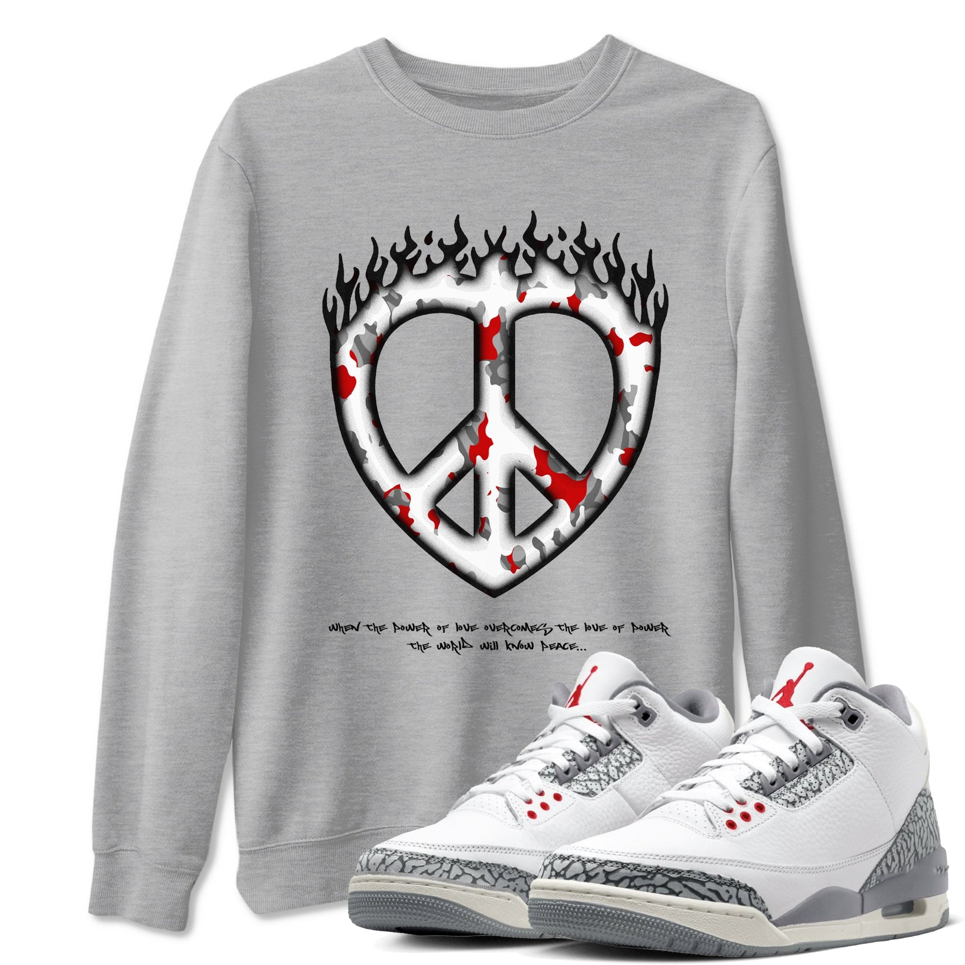 3s Cement Grey shirts to match jordans Love Peace sneaker match tees Air Jordan 3 Cement Grey SNRT Sneaker Release Tees unisex cotton Heather Grey 1 crew neck shirts