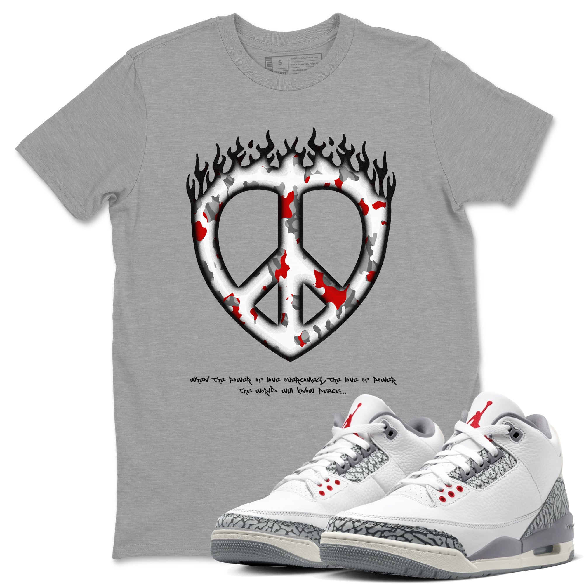 3s Cement Grey shirts to match jordans Love Peace sneaker match tees Air Jordan 3 Cement Grey SNRT Sneaker Release Tees unisex cotton Heather Grey 1 crew neck shirts