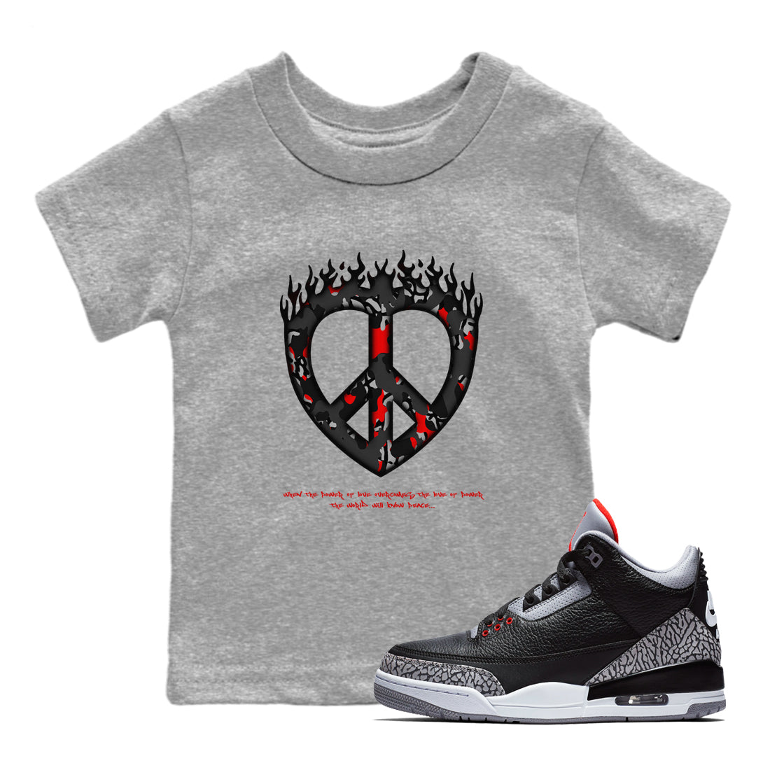 4s Black Cement shirts to match jordans Love Peace sneaker match tees Air Jordan 4 Black Cement match shoes to clothes SNRT Sneaker Tees Youth Baby Heather Grey 1 tee
