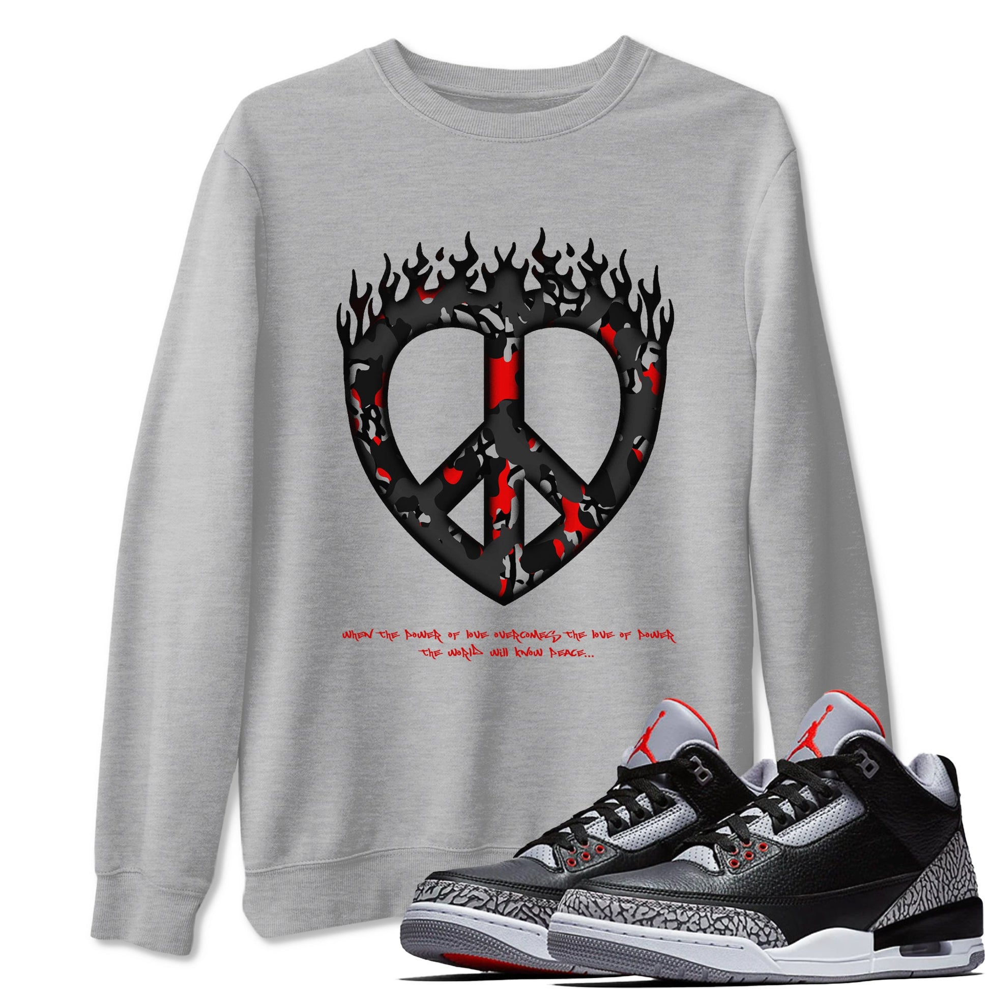 4s Black Cement shirts to match jordans Love Peace sneaker match tees Air Jordan 4 Black Cement match shoes to clothes SNRT Sneaker Tees unisex cotton Heather Grey 1 shirts