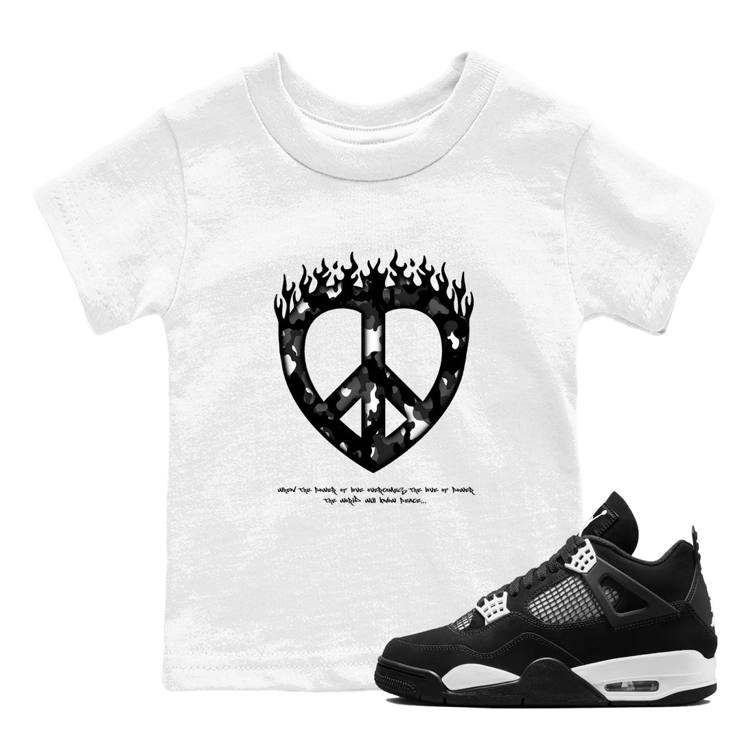 4s White Thunder shirts to match jordans Love Peace sneaker match tees Air Jordan 4 White Thunder SNRT Sneaker Release Tees Youth Baby White 1 crew neck shirts