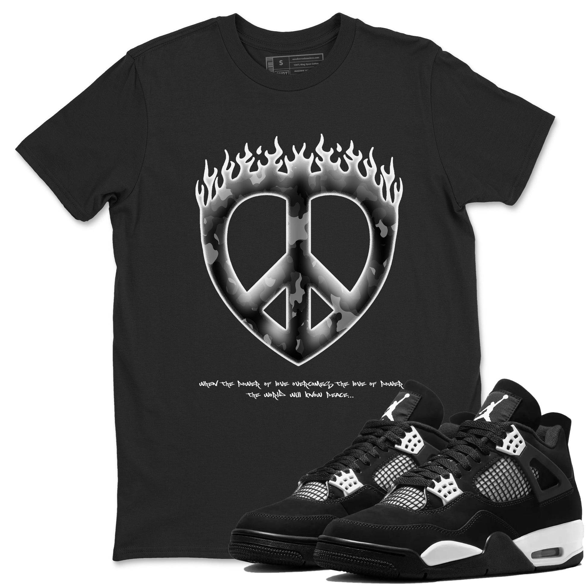 4s White Thunder shirts to match jordans Love Peace sneaker match tees Air Jordan 4 White Thunder SNRT Sneaker Release Tees unisex cotton Black 1 crew neck shirts
