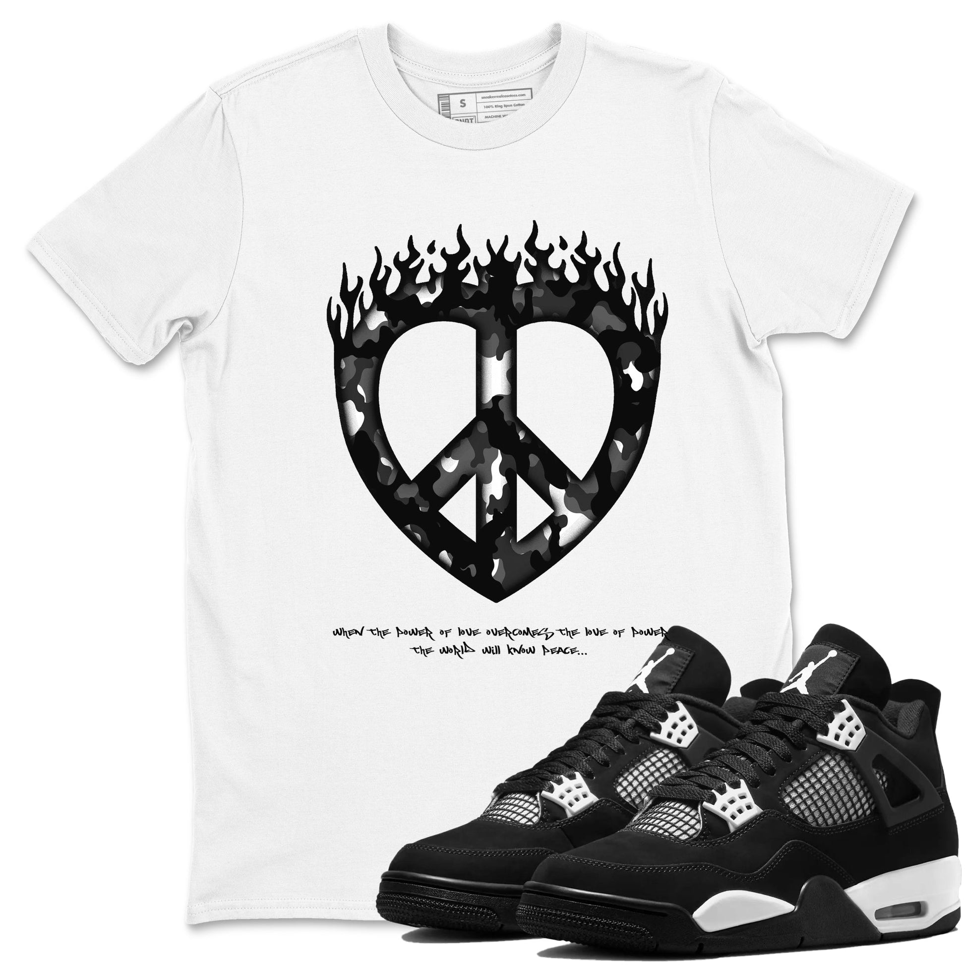 4s White Thunder shirts to match jordans Love Peace sneaker match tees Air Jordan 4 White Thunder SNRT Sneaker Release Tees unisex cotton White 1 crew neck shirts