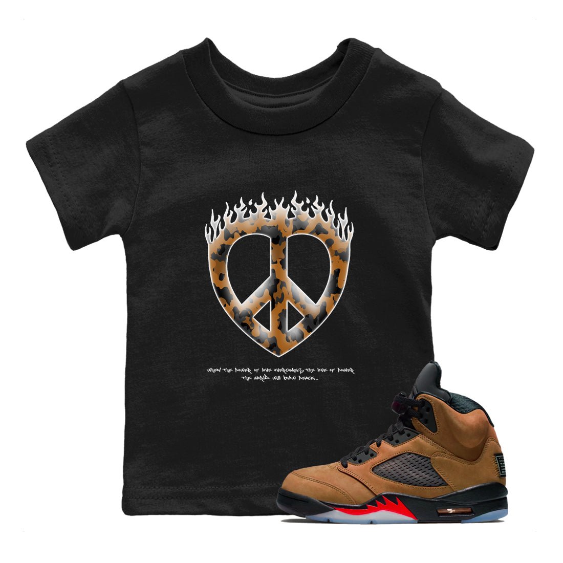 5s Archaeo Brown shirts to match jordans Love Peace sneaker match tees Air Jordan 5 Archaeo Brown match shoes to clothes SNRT Sneaker Tees Youth Baby Black 1 tee
