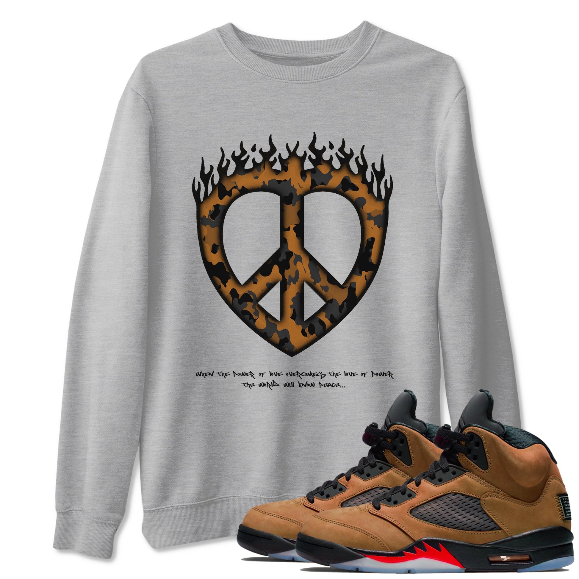 5s Archaeo Brown shirts to match jordans Love Peace sneaker match tees Air Jordan 5 Archaeo Brown match shoes to clothes SNRT Sneaker Tees unisex cotton Heather Grey 1 shirts