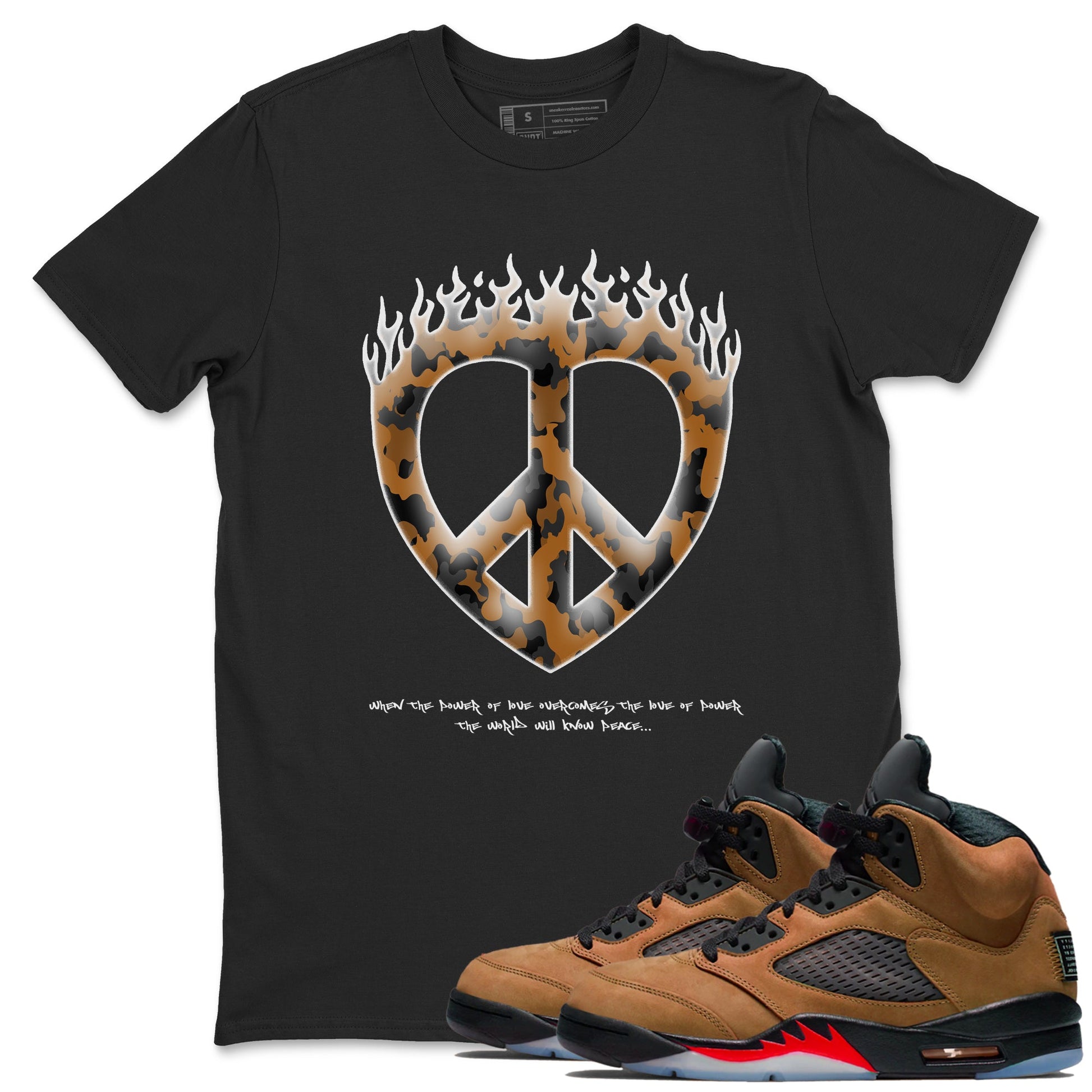 5s Archaeo Brown shirts to match jordans Love Peace sneaker match tees Air Jordan 5 Archaeo Brown match shoes to clothes SNRT Sneaker Tees unisex cotton Black 1 shirts