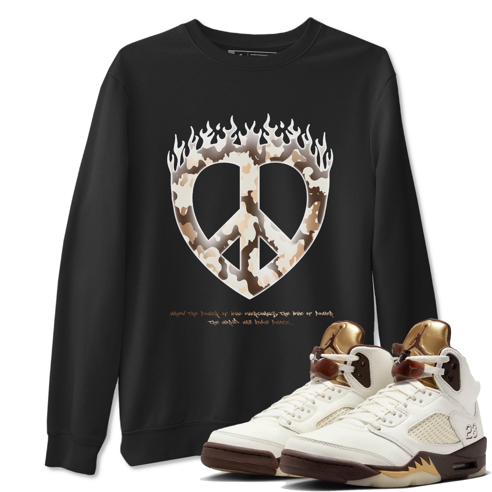 5s Golden Ticket shirts to match jordans Love Peace best t shirts to wear with jordans Air Jordan 5 Golden Ticket match shoes to clothes SNRT Sneaker Tees unisex cotton Black 1 shirts