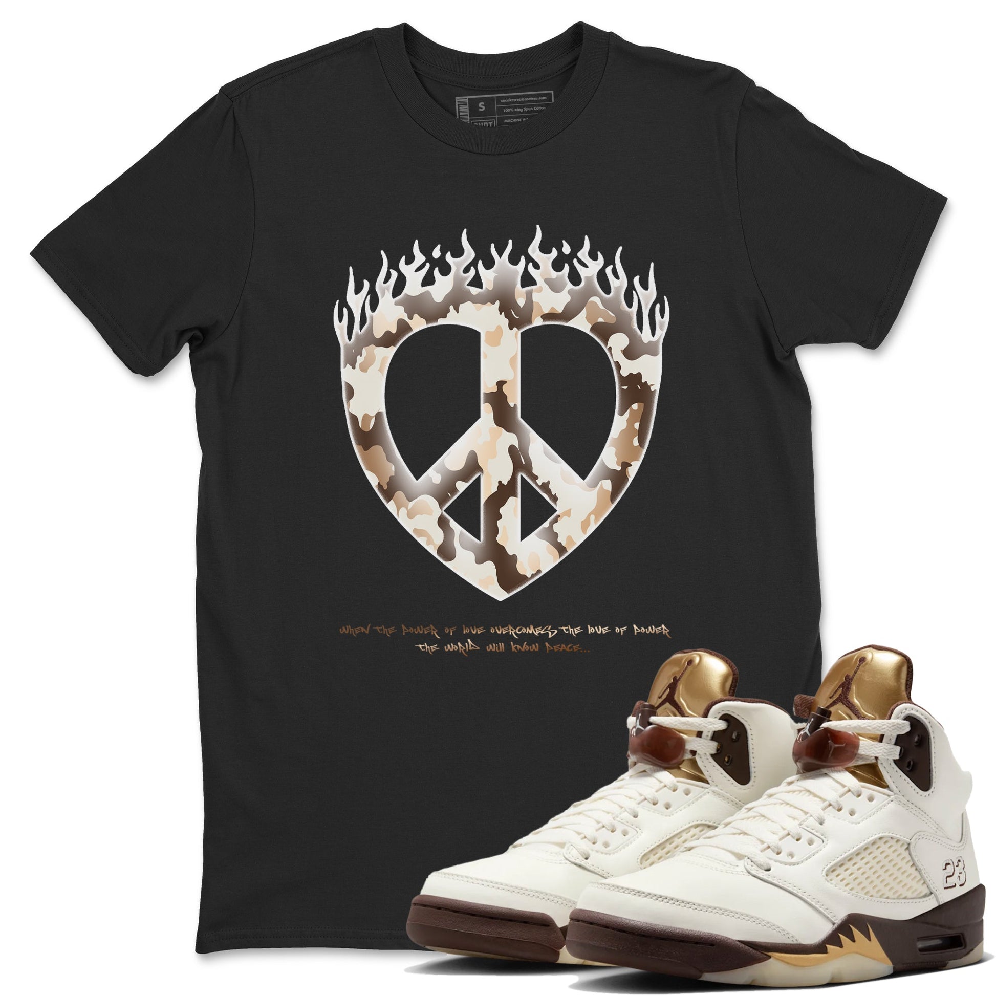 5s Golden Ticket shirts to match jordans Love Peace best t shirts to wear with jordans Air Jordan 5 Golden Ticket match shoes to clothes SNRT Sneaker Tees unisex cotton Black 1 shirts