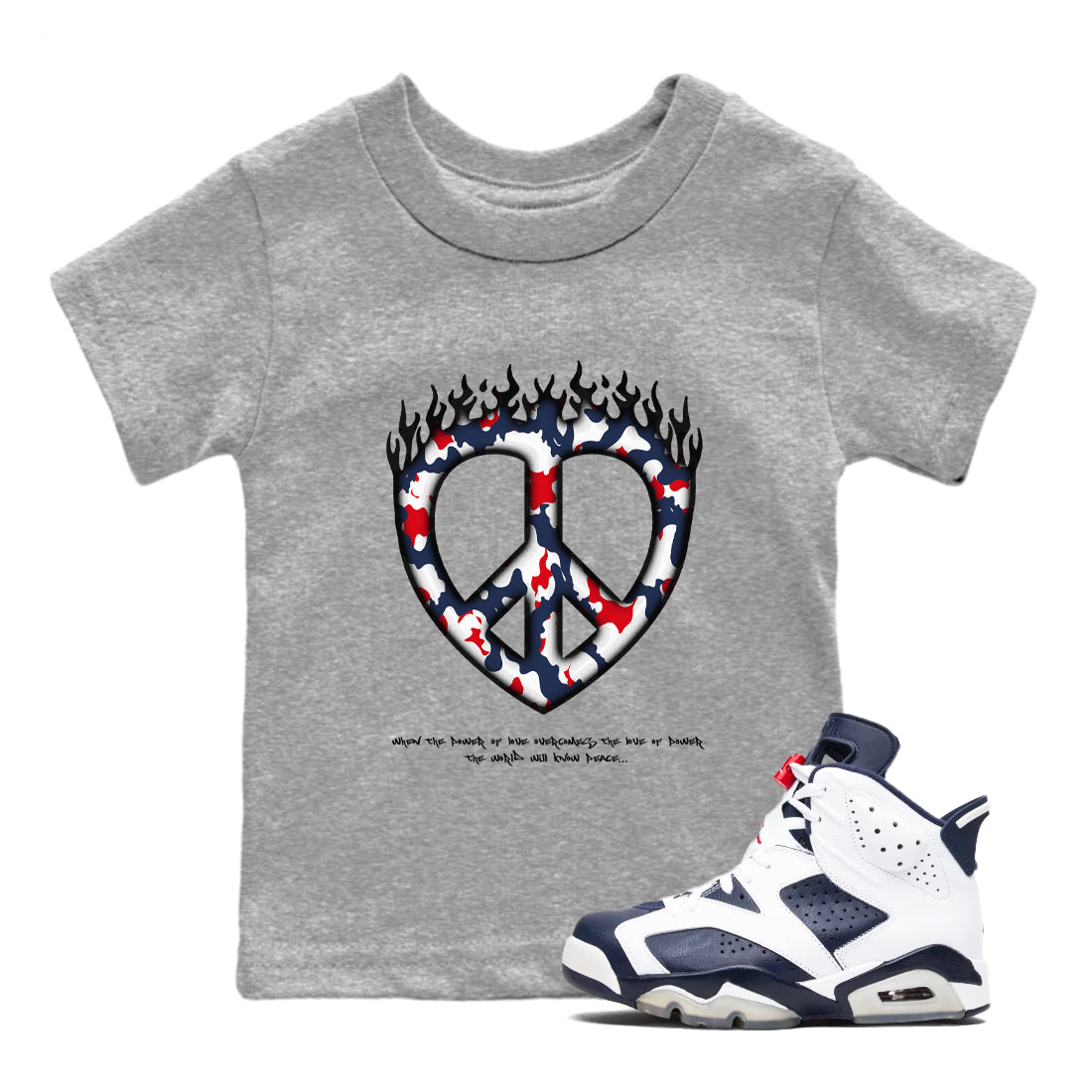 6s White And Midnight Navy shirts to match jordans Love Peace sneaker match tees Air Jordan 6 White And Midnight Navy SNRT Sneaker Release Tees Youth Baby Heather Grey 1 crew neck shirts