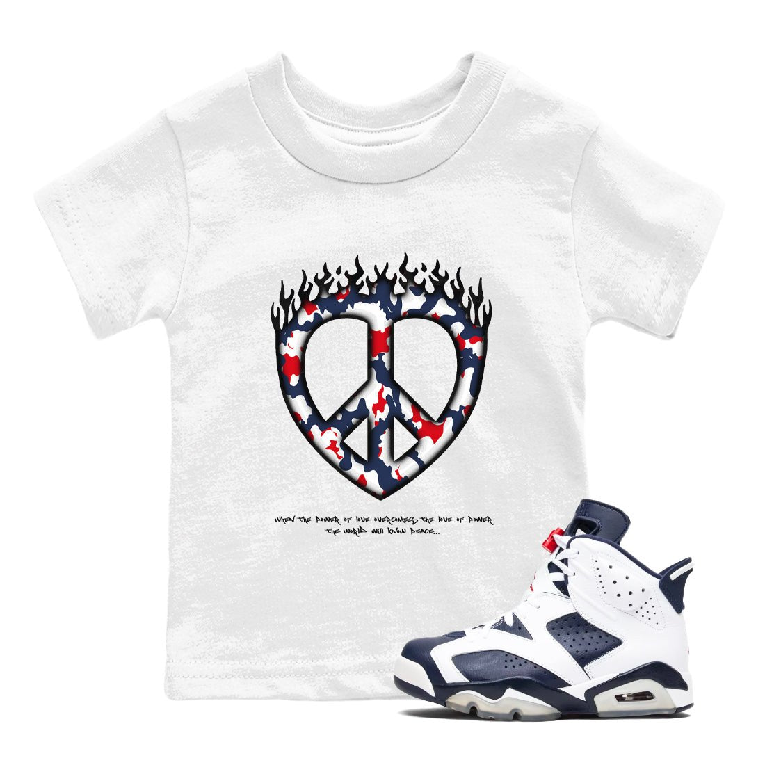6s White And Midnight Navy shirts to match jordans Love Peace sneaker match tees Air Jordan 6 White And Midnight Navy SNRT Sneaker Release Tees Youth Baby White 1 crew neck shirts
