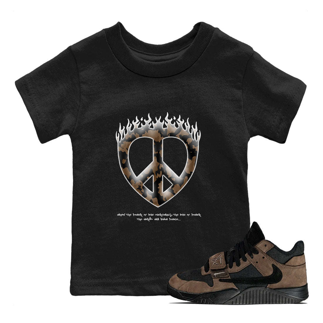 Jordan Jumpman Jack TR Travis Scott Dark Mocha shirts to match jordans Love Peace sneaker match tees Jordan Jumpman Jack Travis Scott Dark Mocha match shoes to clothes SNRT Sneaker Tees Youth Baby Black 1 tee