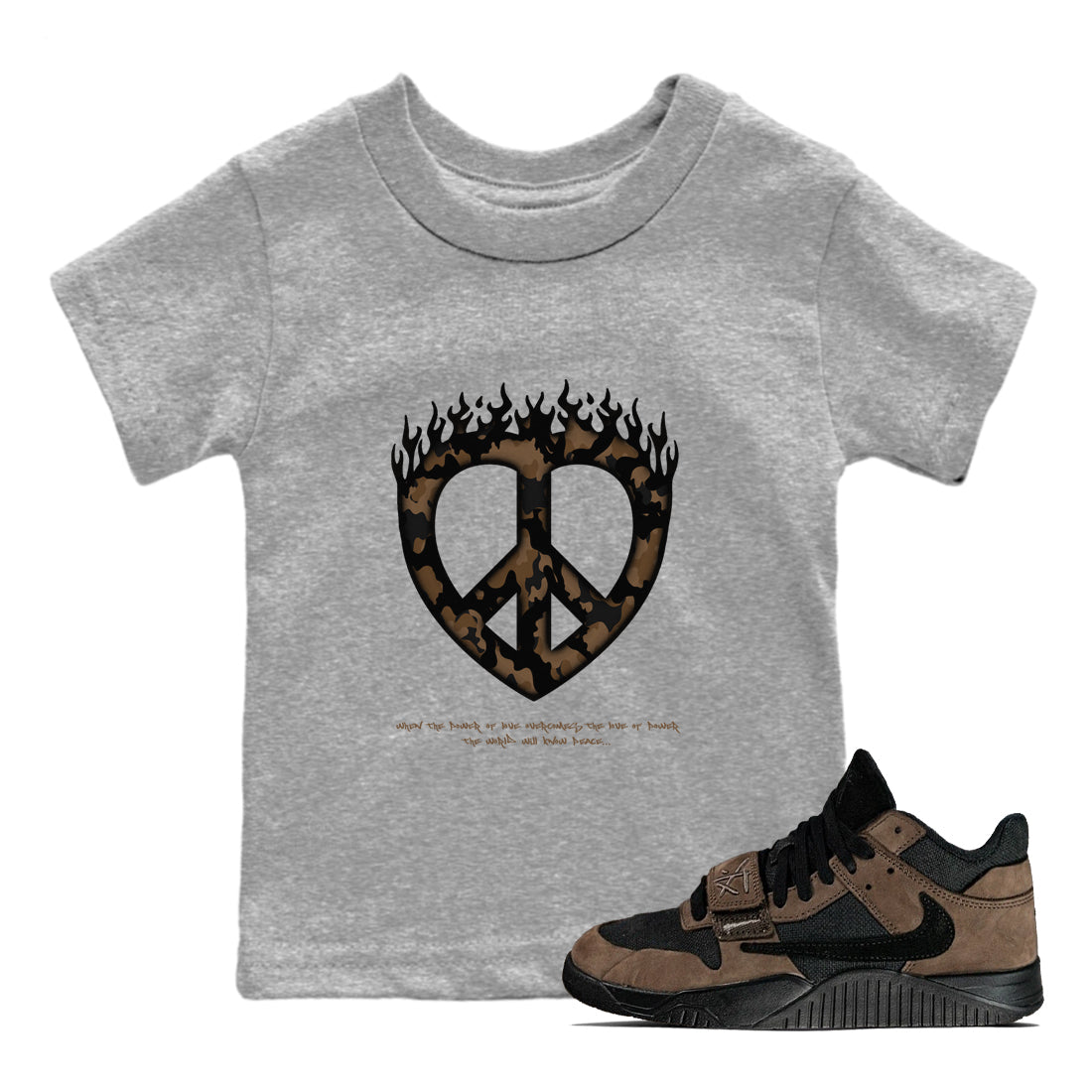 Jordan Jumpman Jack TR Travis Scott Dark Mocha shirts to match jordans Love Peace sneaker match tees Jordan Jumpman Jack Travis Scott Dark Mocha match shoes to clothes SNRT Sneaker Tees Youth Baby Heather Grey 1 tee