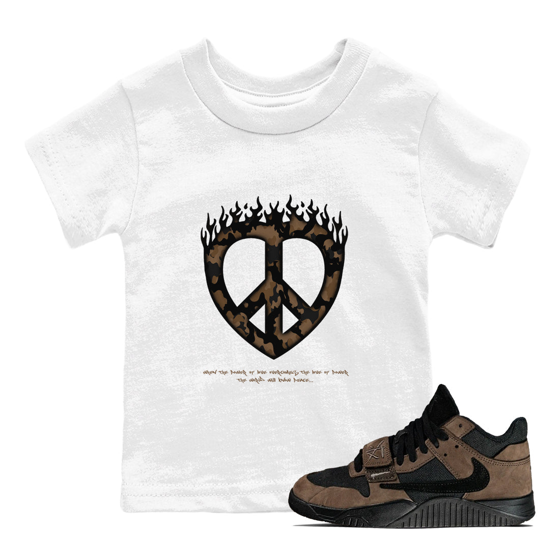 Jordan Jumpman Jack TR Travis Scott Dark Mocha shirts to match jordans Love Peace sneaker match tees Jordan Jumpman Jack Travis Scott Dark Mocha match shoes to clothes SNRT Sneaker Tees Youth Baby White 1 tee