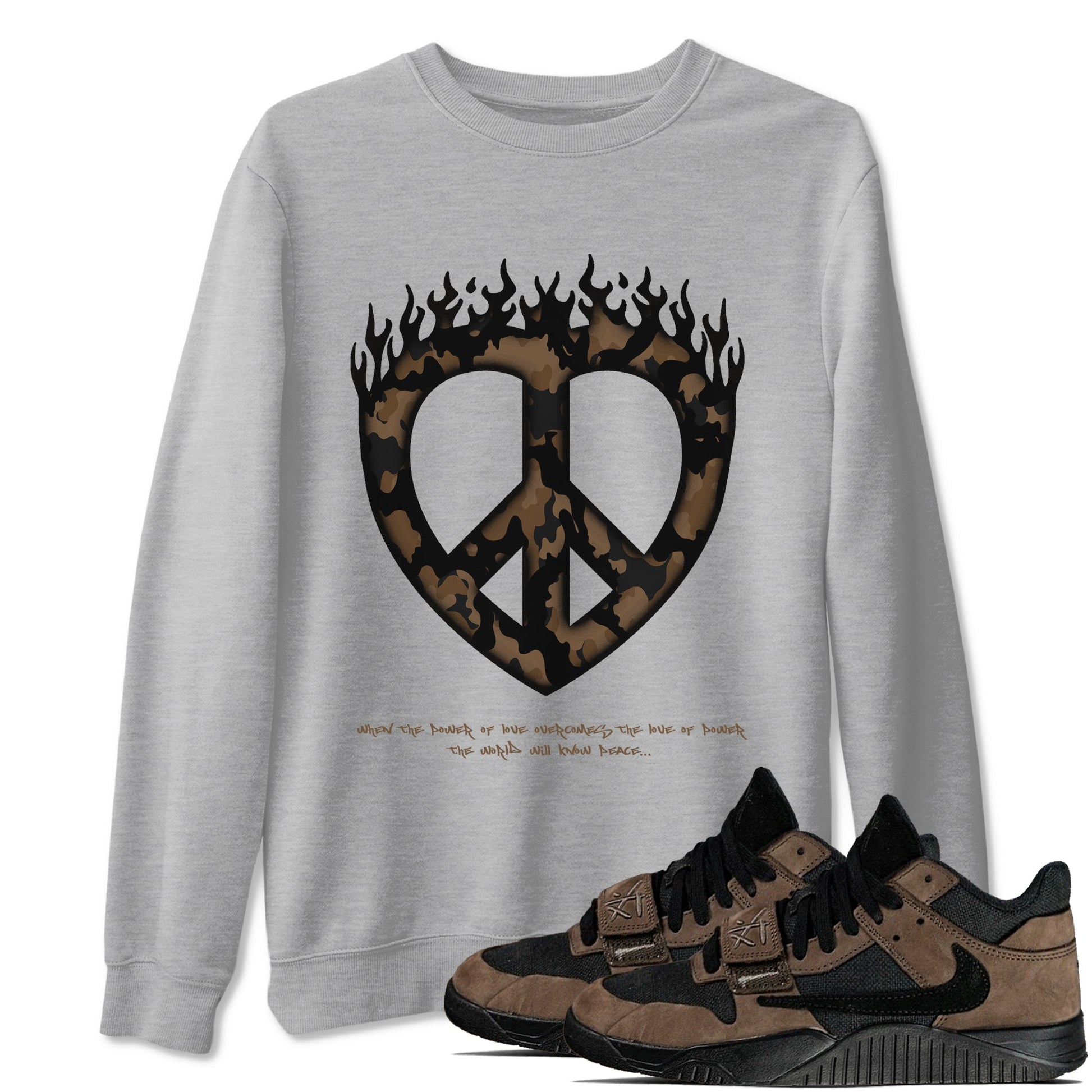 Jordan Jumpman Jack TR Travis Scott Dark Mocha shirts to match jordans Love Peace sneaker match tees Jordan Jumpman Jack Travis Scott Dark Mocha match shoes to clothes SNRT Sneaker Tees unisex cotton Heather Grey 1 shirts