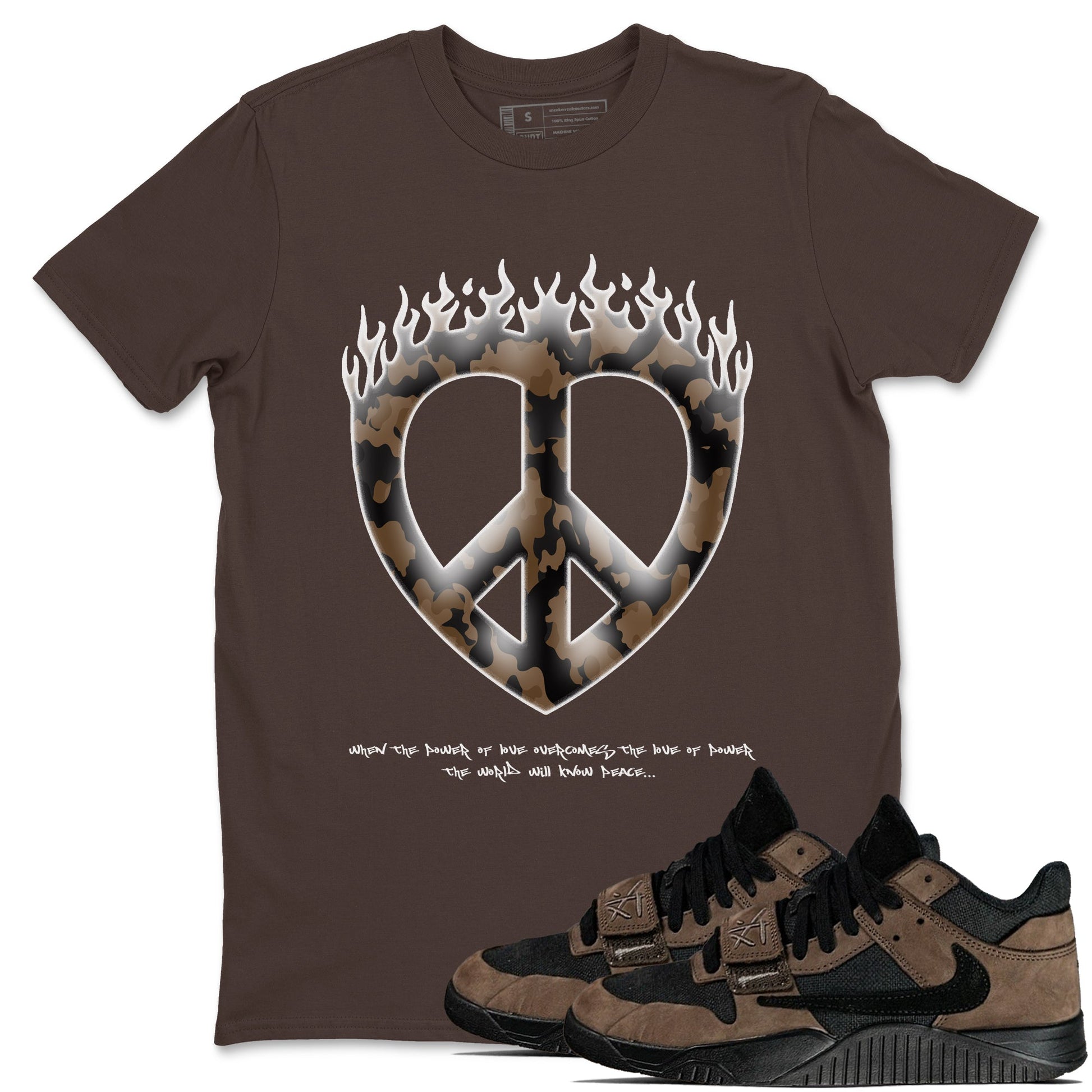Jordan Jumpman Jack TR Travis Scott Dark Mocha shirts to match jordans Love Peace sneaker match tees Jordan Jumpman Jack Travis Scott Dark Mocha match shoes to clothes SNRT Sneaker Tees unisex cotton Dark Chocolate 1 shirts