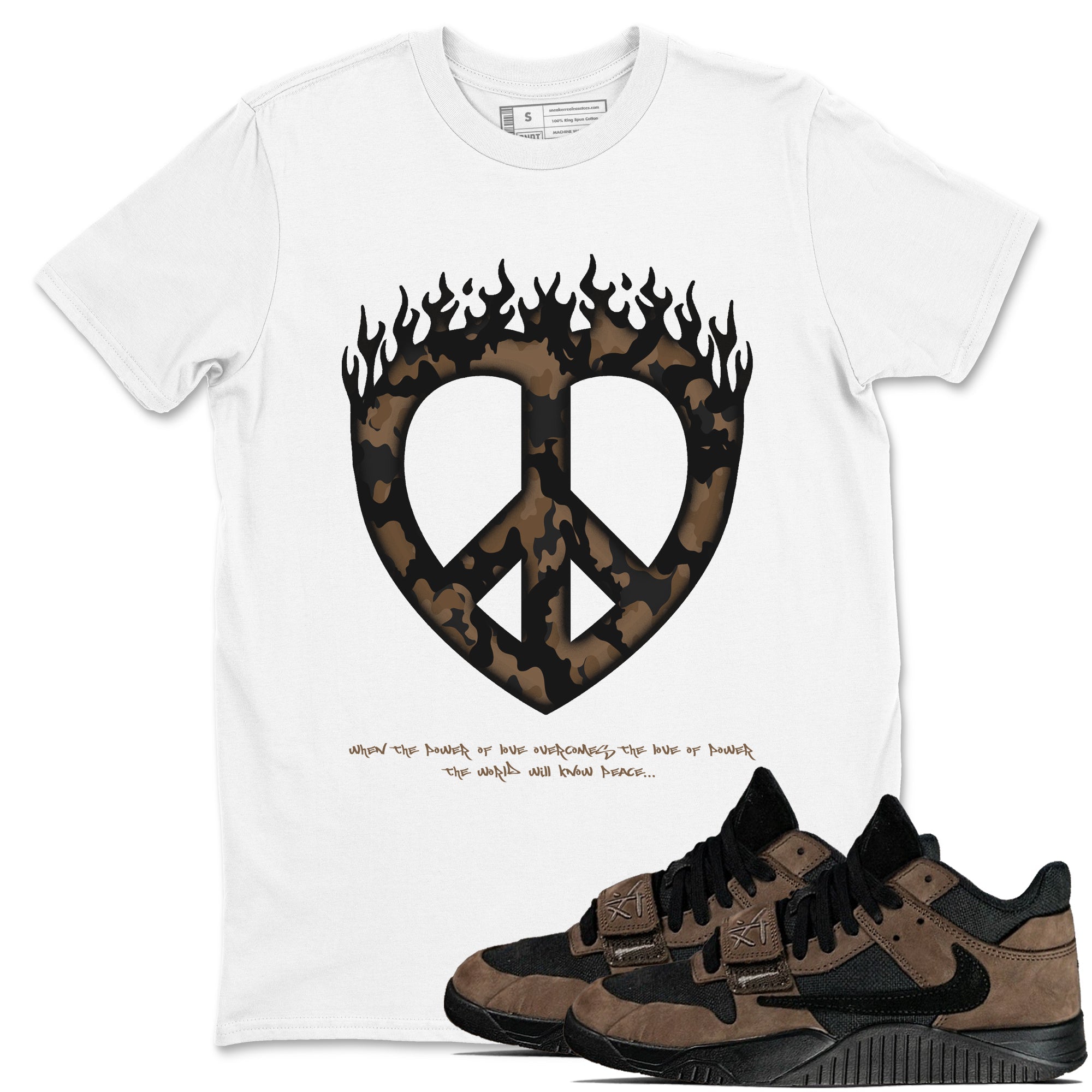 Jordan Jumpman Jack TR Travis Scott Dark Mocha shirts to match jordans Love Peace sneaker match tees Jordan Jumpman Jack Travis Scott Dark Mocha match shoes to clothes SNRT Sneaker Tees unisex cotton White 1 shirts