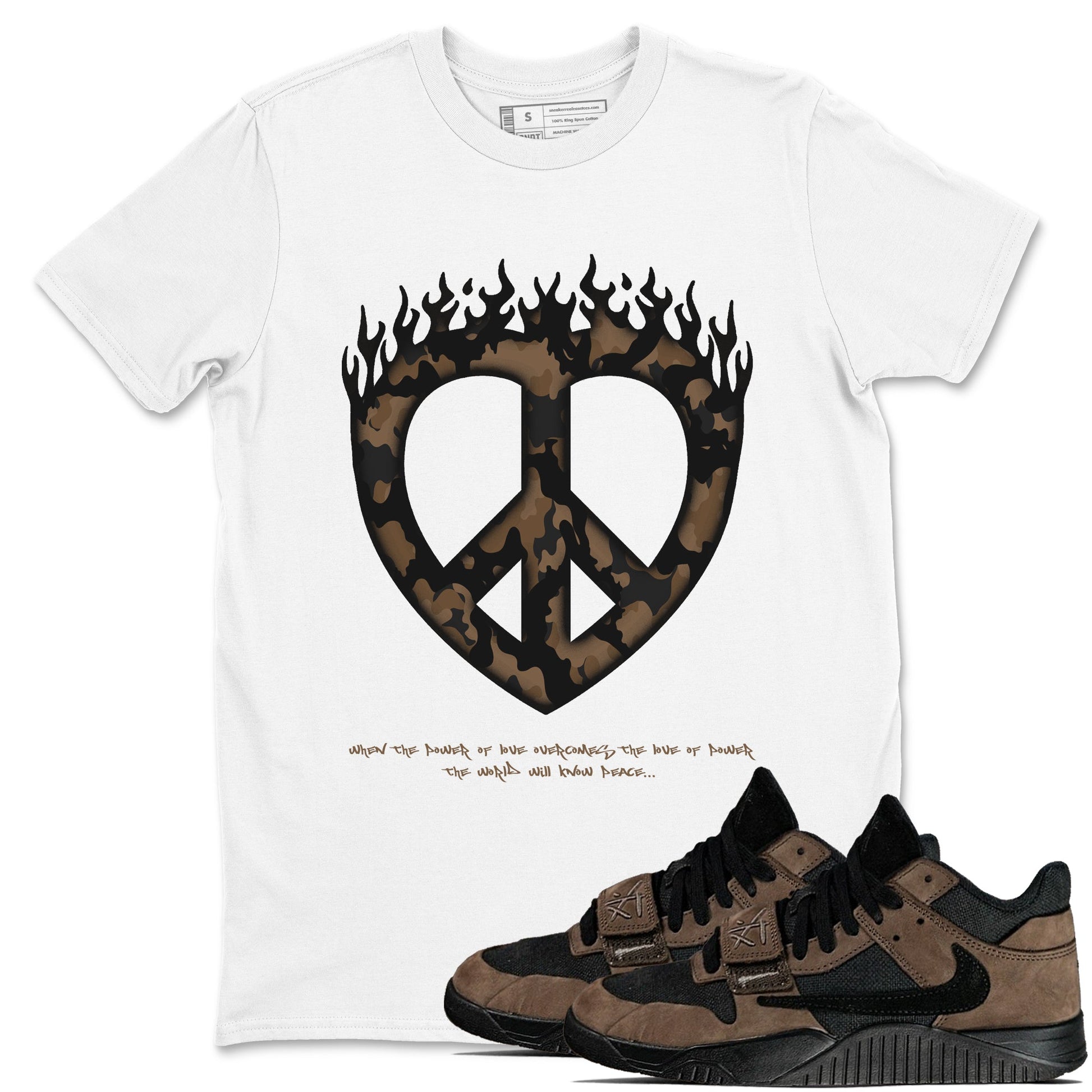 Jordan Jumpman Jack TR Travis Scott Dark Mocha shirts to match jordans Love Peace sneaker match tees Jordan Jumpman Jack Travis Scott Dark Mocha match shoes to clothes SNRT Sneaker Tees unisex cotton White 1 shirts
