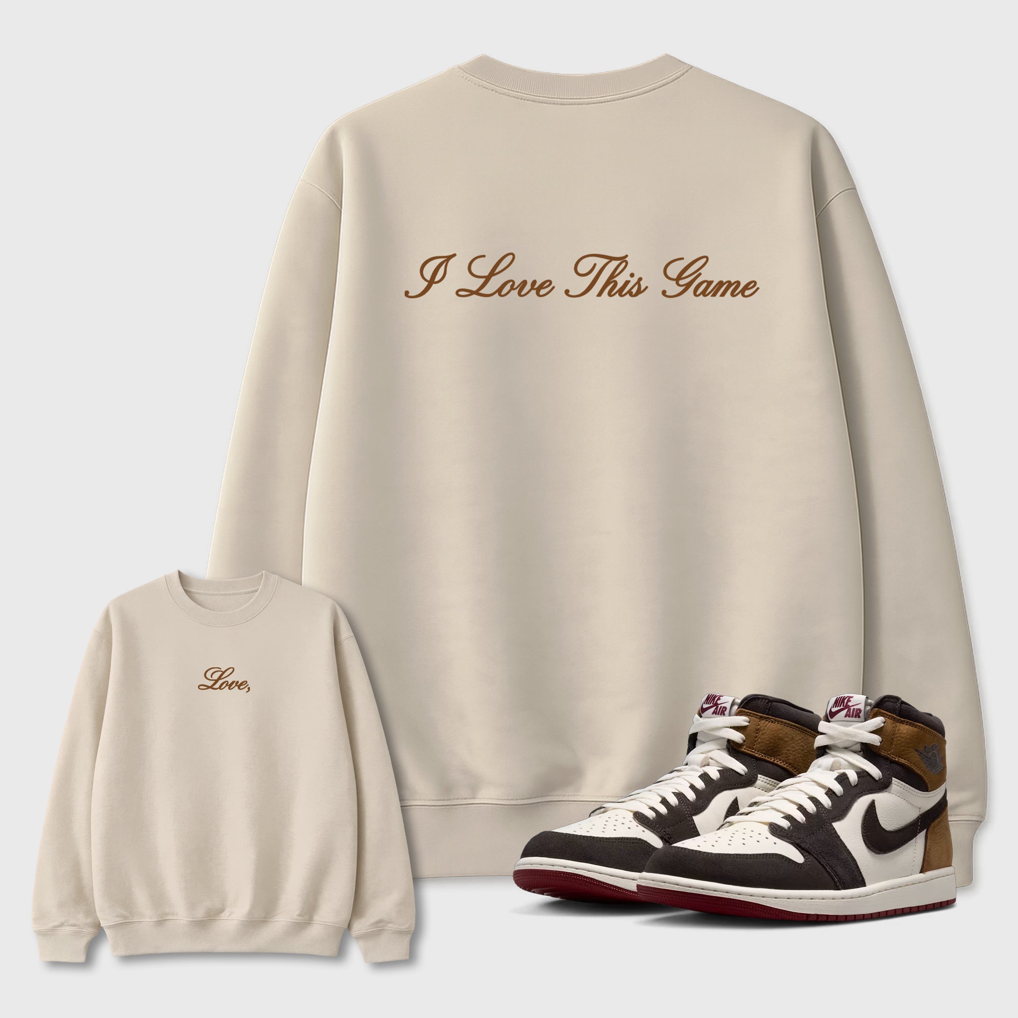 Love This Game Graphic T-Shirt featuring original streetwear artwork designed to match the Air Jordan 1 Love Letter. Natural Graphic Tee.