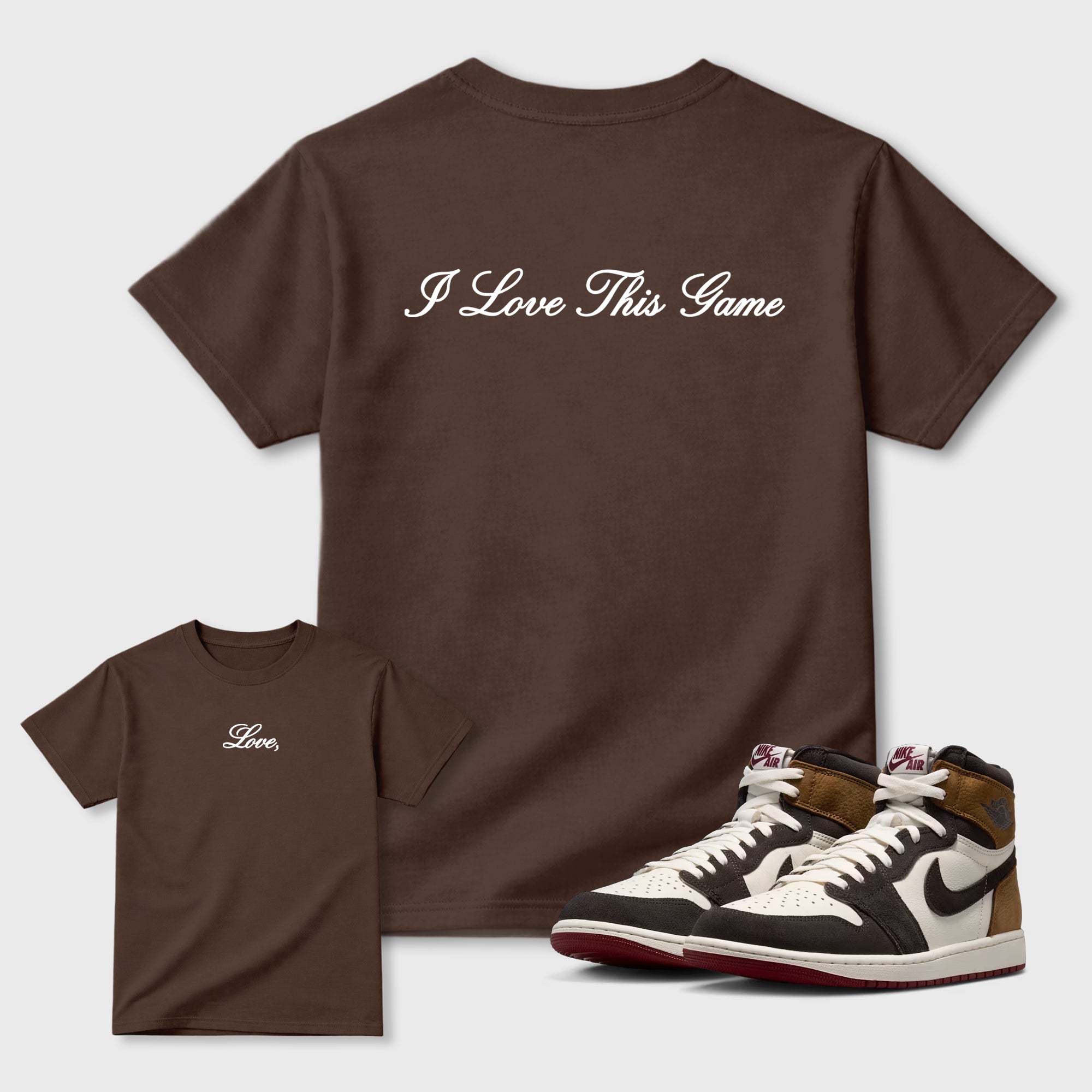 Love This Game Graphic T-Shirt featuring original streetwear artwork designed to match the . Dark Chocolate Graphic T-Shirt.