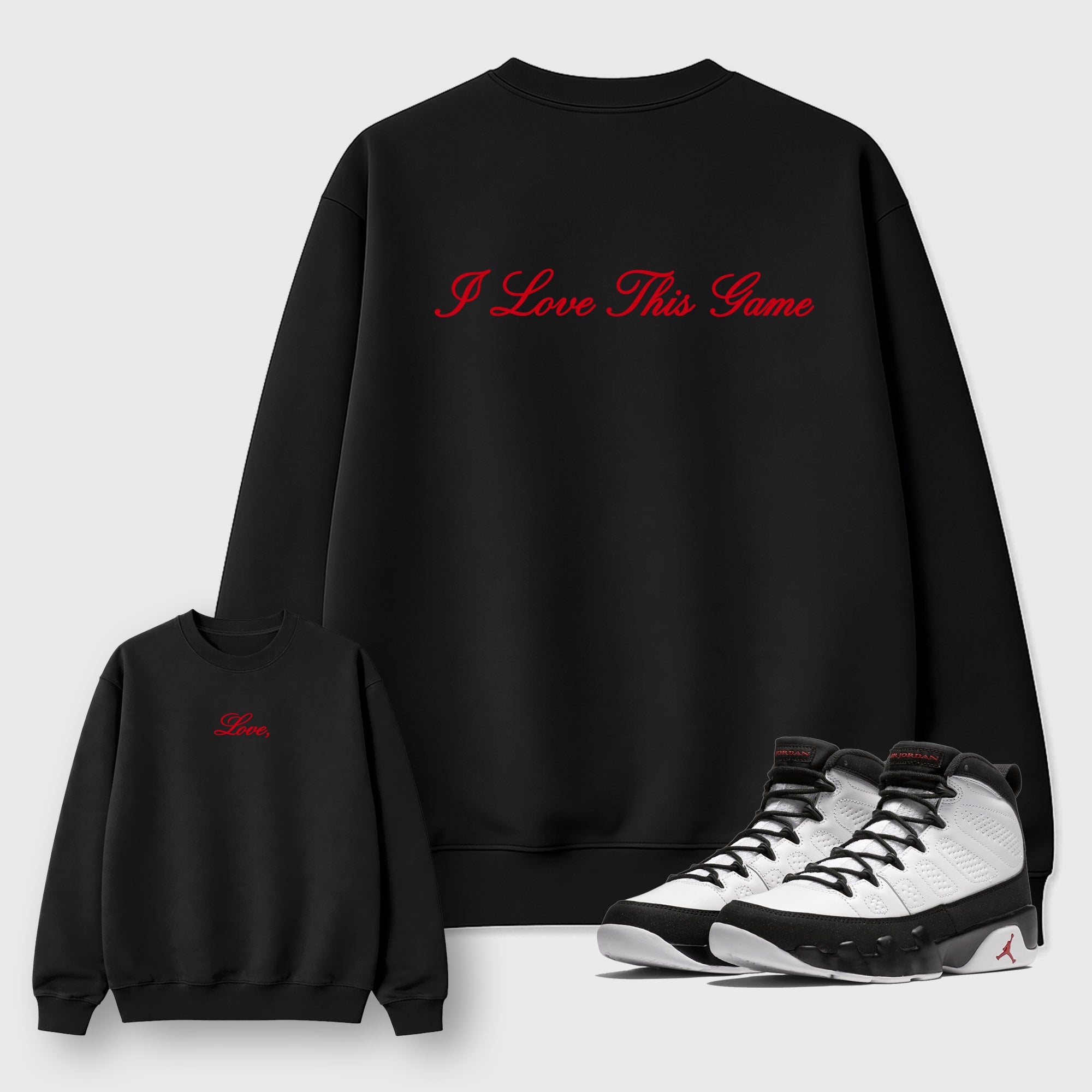 Love This Game Graphic T-Shirt featuring original streetwear artwork designed to match the Air Jordan 9 True Red. Black Graphic Tee.