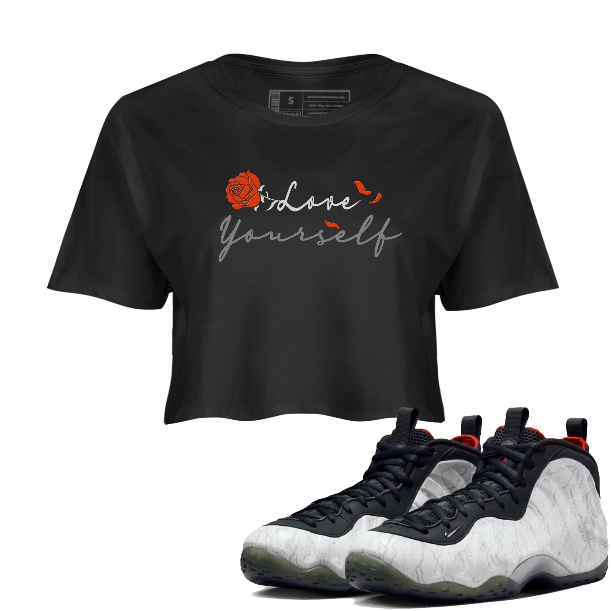 Foams One Jin shirts to match jordans Love Yourself sneaker match tees Foams One Jin match shoes to clothes SNRT Sneaker Tees unisex cotton Black 1 crop tee