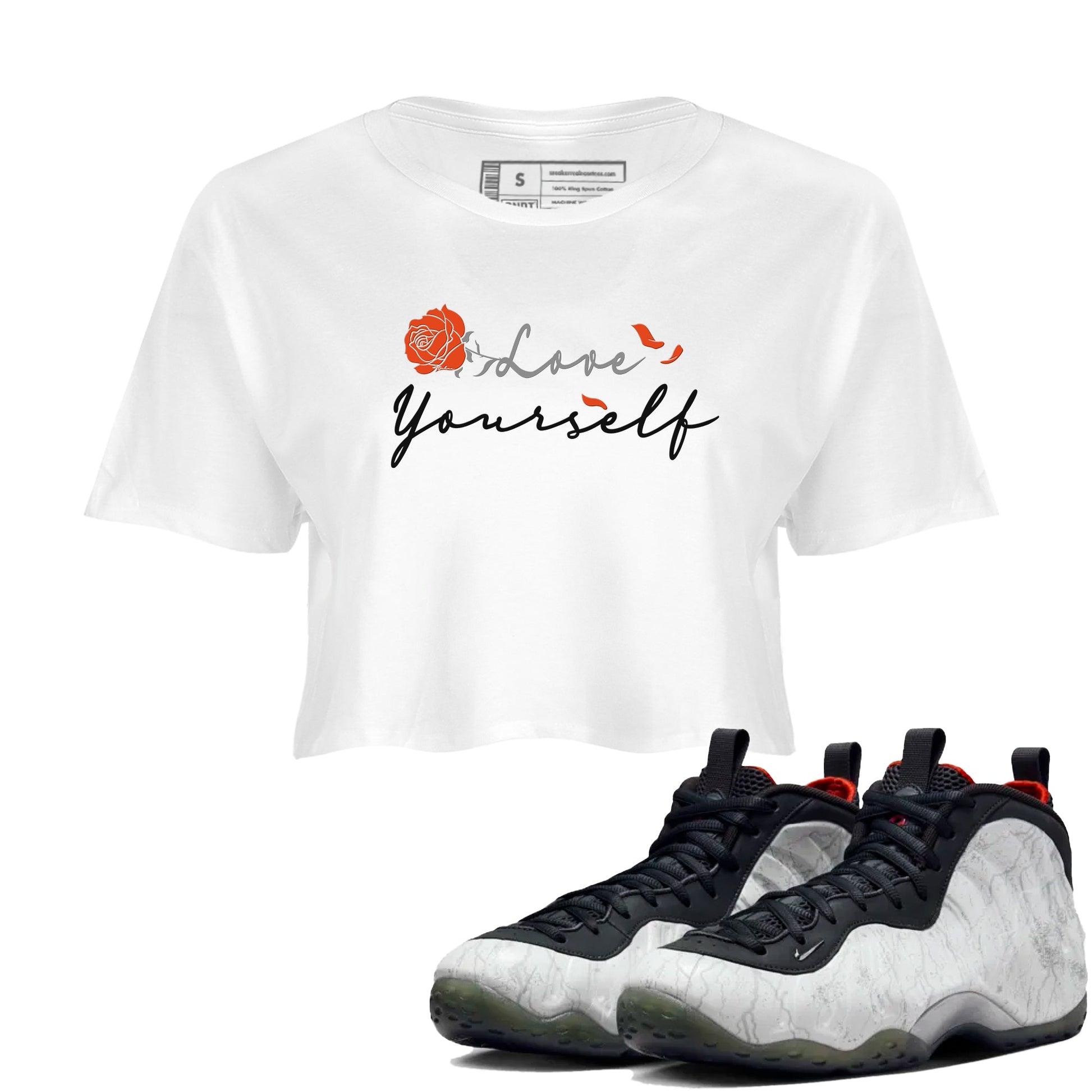 Foams One Jin shirts to match jordans Love Yourself sneaker match tees Foams One Jin match shoes to clothes SNRT Sneaker Tees unisex cotton White 1 crop tee
