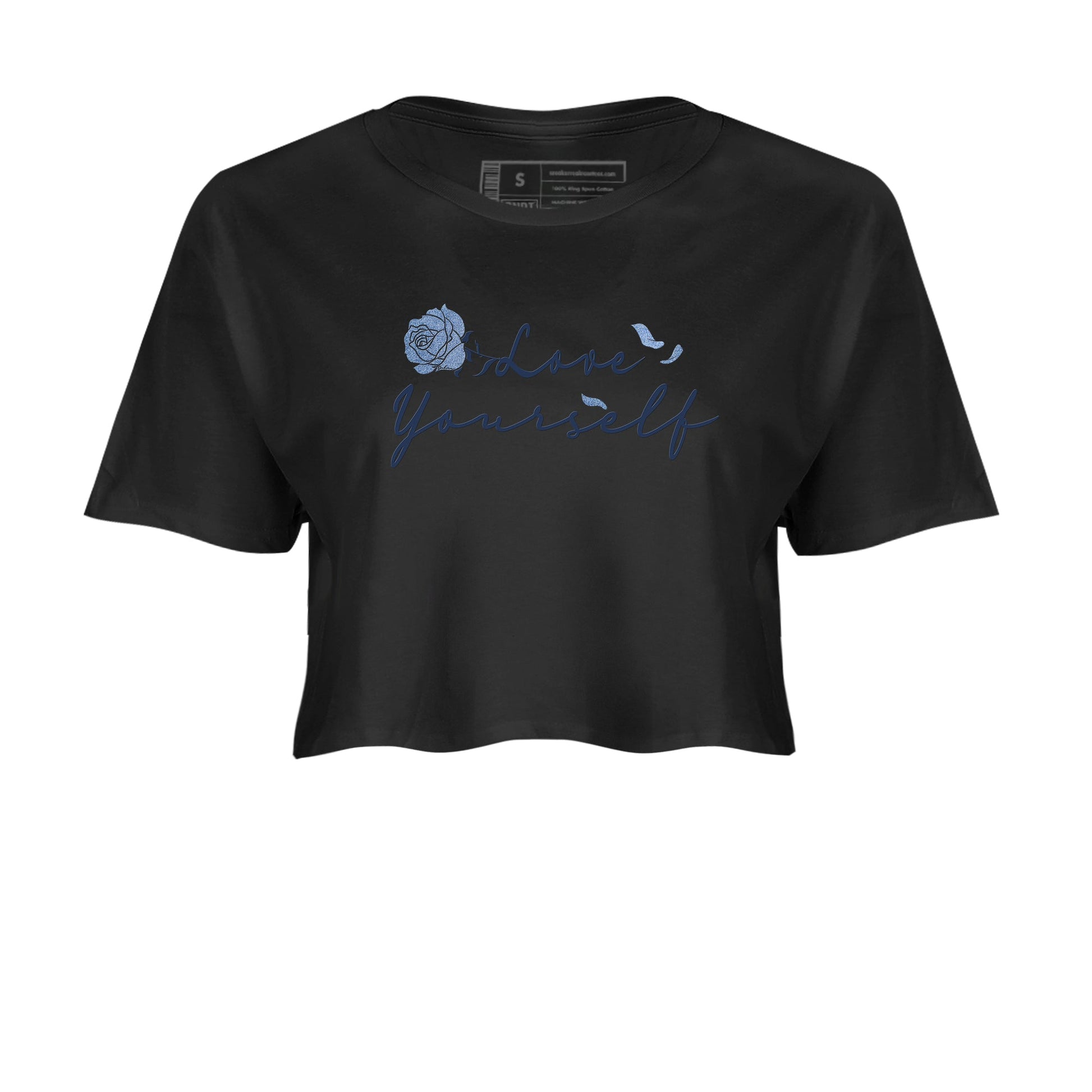 AJ 1 Denim shirts to match jordans Love Yourself sneaker match tees Air Jordan 1 Denim SNRT Sneaker Tees streetwear brand Black 2 crop tee