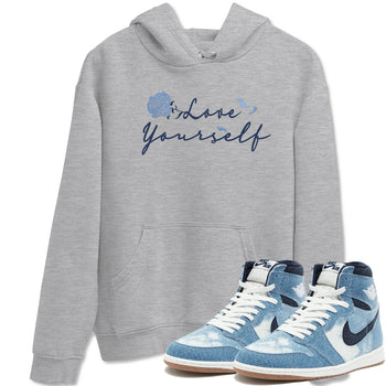 AJ 1 Denim shirts to match jordans Love Yourself sneaker match tees Air Jordan 1 Denim SNRT Sneaker Tees streetwear brand Heather Grey 1 unisex cotton tee