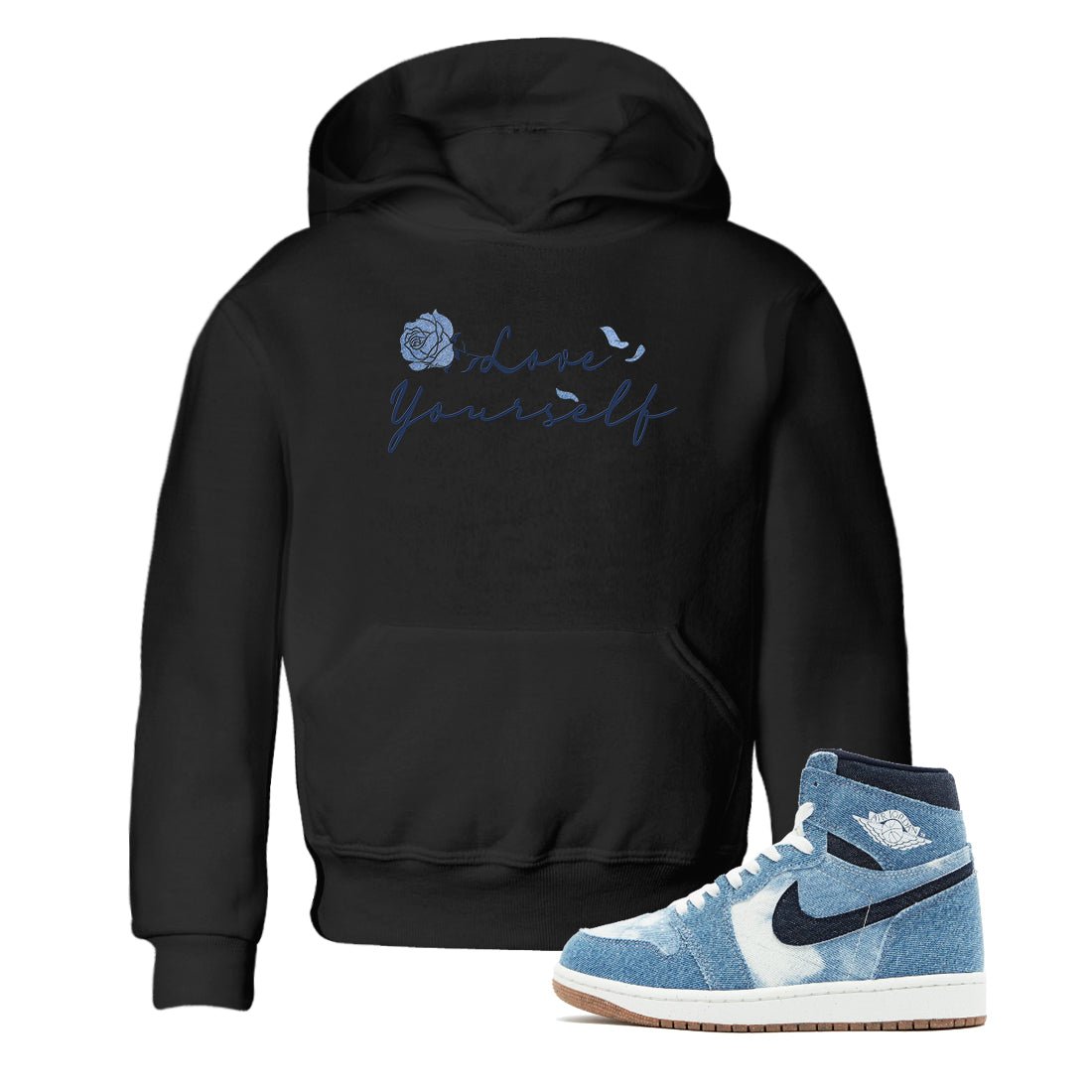 AJ 1 Denim shirts to match jordans Love Yourself sneaker match tees Air Jordan 1 Denim SNRT Sneaker Tees streetwear brand Baby and Youth Black 1 cotton tee