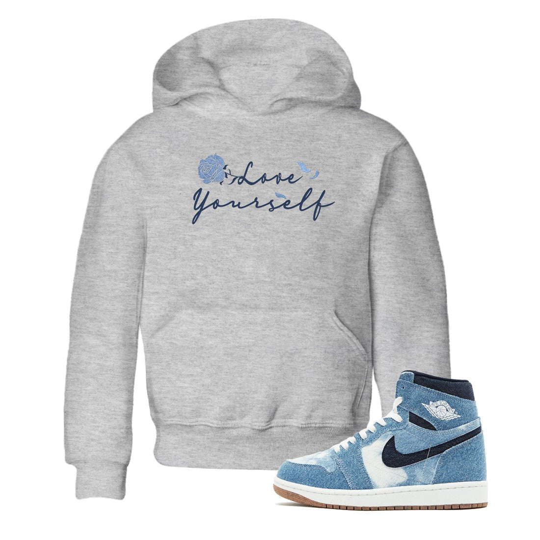 AJ 1 Denim shirts to match jordans Love Yourself sneaker match tees Air Jordan 1 Denim SNRT Sneaker Tees streetwear brand Baby and Youth Heather Grey 1 cotton tee