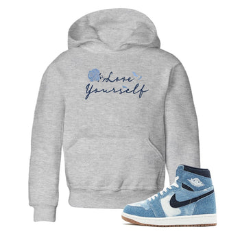 AJ 1 Denim shirts to match jordans Love Yourself sneaker match tees Air Jordan 1 Denim SNRT Sneaker Tees streetwear brand Baby and Youth Heather Grey 1 cotton tee