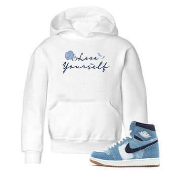 AJ 1 Denim shirts to match jordans Love Yourself sneaker match tees Air Jordan 1 Denim SNRT Sneaker Tees streetwear brand Baby and Youth White 1 cotton tee