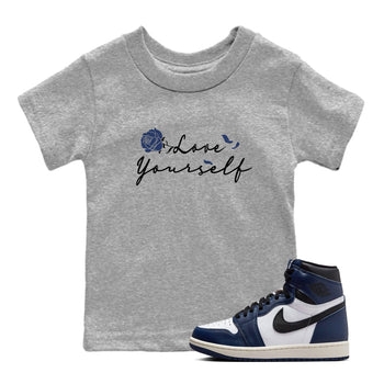 1s Midnight Navy shirts to match jordans Love Yourself sneaker match tees Air Jordan 1 Midnight Navy match shoes to clothes SNRT Sneaker Tees Youth Baby Heather Grey 1 tee