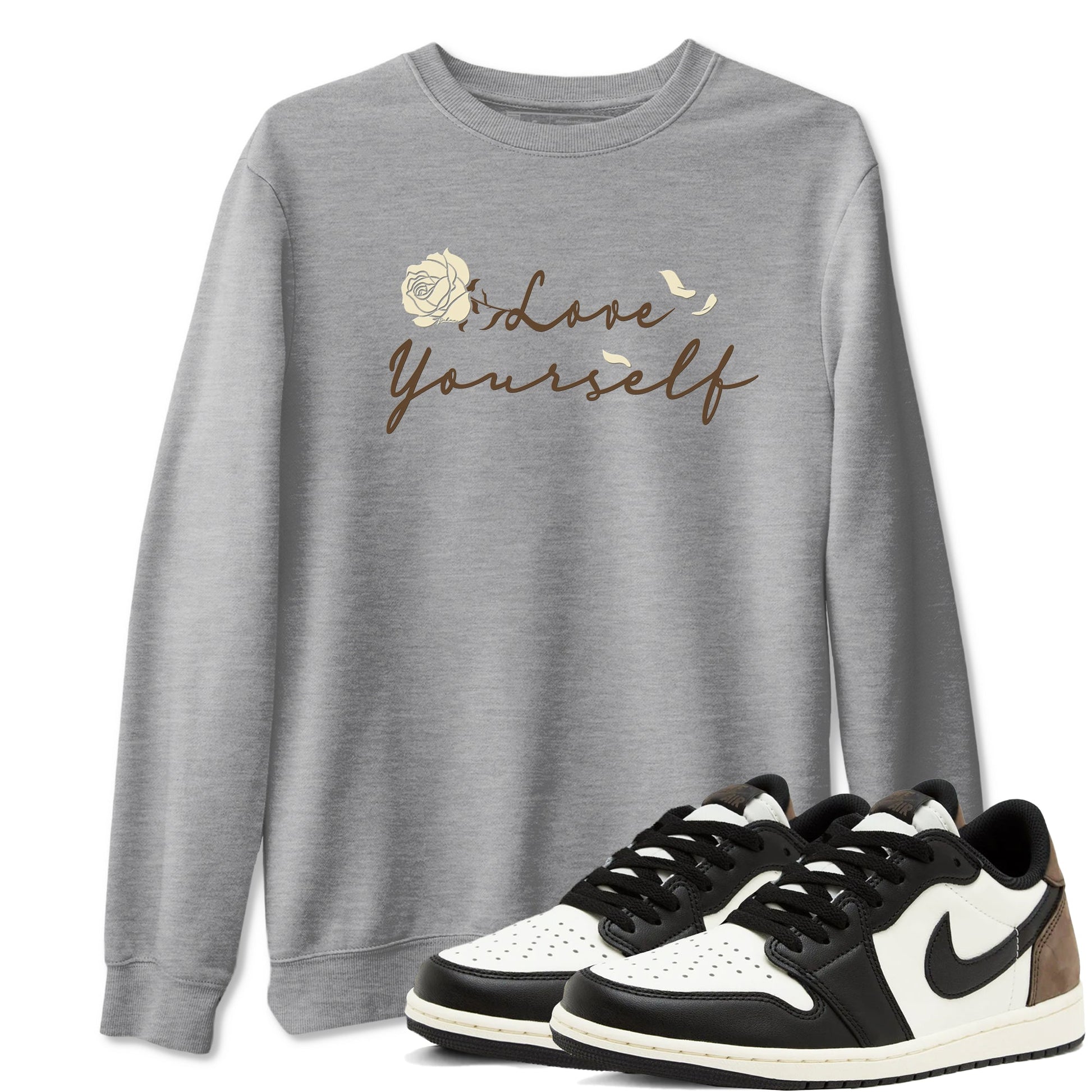 1s Low OG Mocha shirts to match jordans Love Yourself sneaker match tees Air Jordan 1 Mocha match shoes to clothes SNRT Sneaker Tees unisex cotton Heather Grey 1 shirts