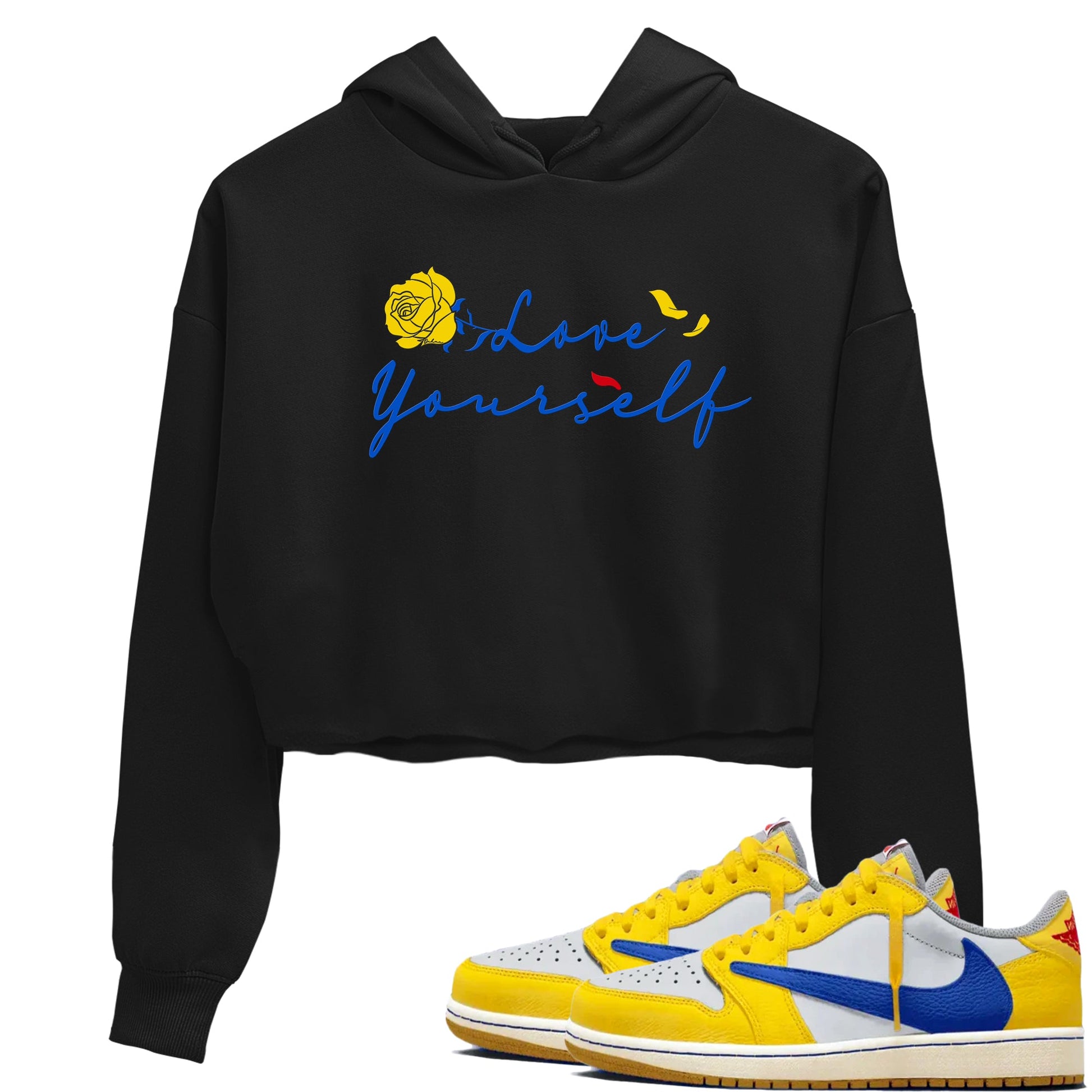AJ1 Travis Scott Canary shirt to match jordans Love Yourself sneaker tees Air Jordan 1 Travis Scott Canary SNRT Sneaker Release Tees Black 1 crop length shirt