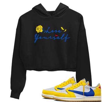 AJ1 Travis Scott Canary shirt to match jordans Love Yourself sneaker tees Air Jordan 1 Travis Scott Canary SNRT Sneaker Release Tees Black 1 crop length shirt