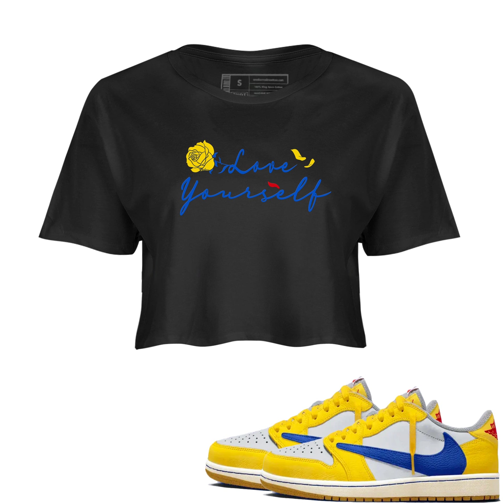 AJ1 Travis Scott Canary shirt to match jordans Love Yourself sneaker tees Air Jordan 1 Travis Scott Canary SNRT Sneaker Release Tees Black 1 crop length shirt