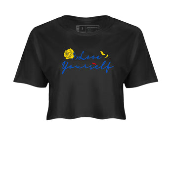 AJ1 Travis Scott Canary shirt to match jordans Love Yourself sneaker tees Air Jordan 1 Travis Scott Canary SNRT Sneaker Release Tees Black 2 crop length shirt