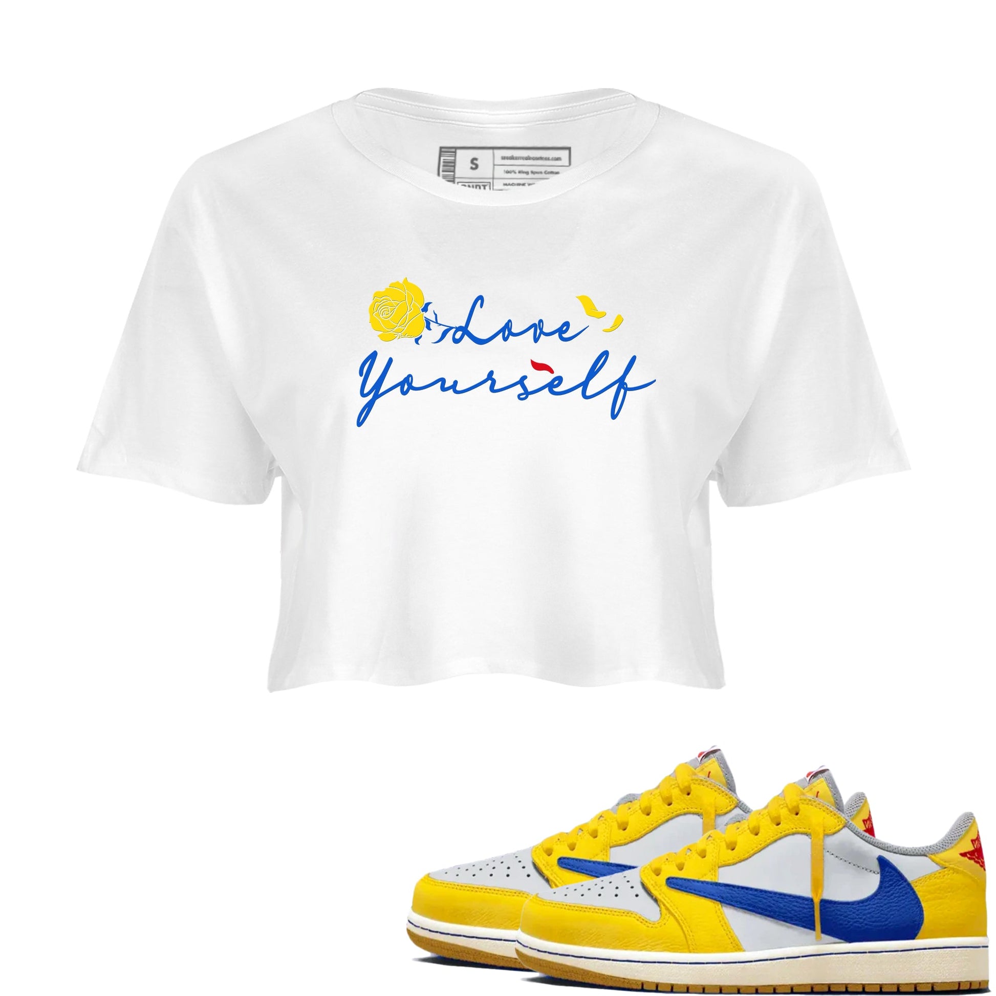 AJ1 Travis Scott Canary shirt to match jordans Love Yourself sneaker tees Air Jordan 1 Travis Scott Canary SNRT Sneaker Release Tees White 1 crop length shirt
