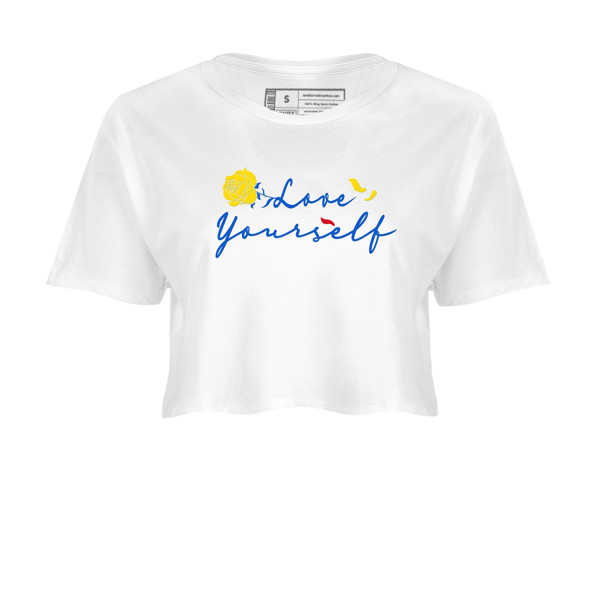 AJ1 Travis Scott Canary shirt to match jordans Love Yourself sneaker tees Air Jordan 1 Travis Scott Canary SNRT Sneaker Release Tees White 2 crop length shirt