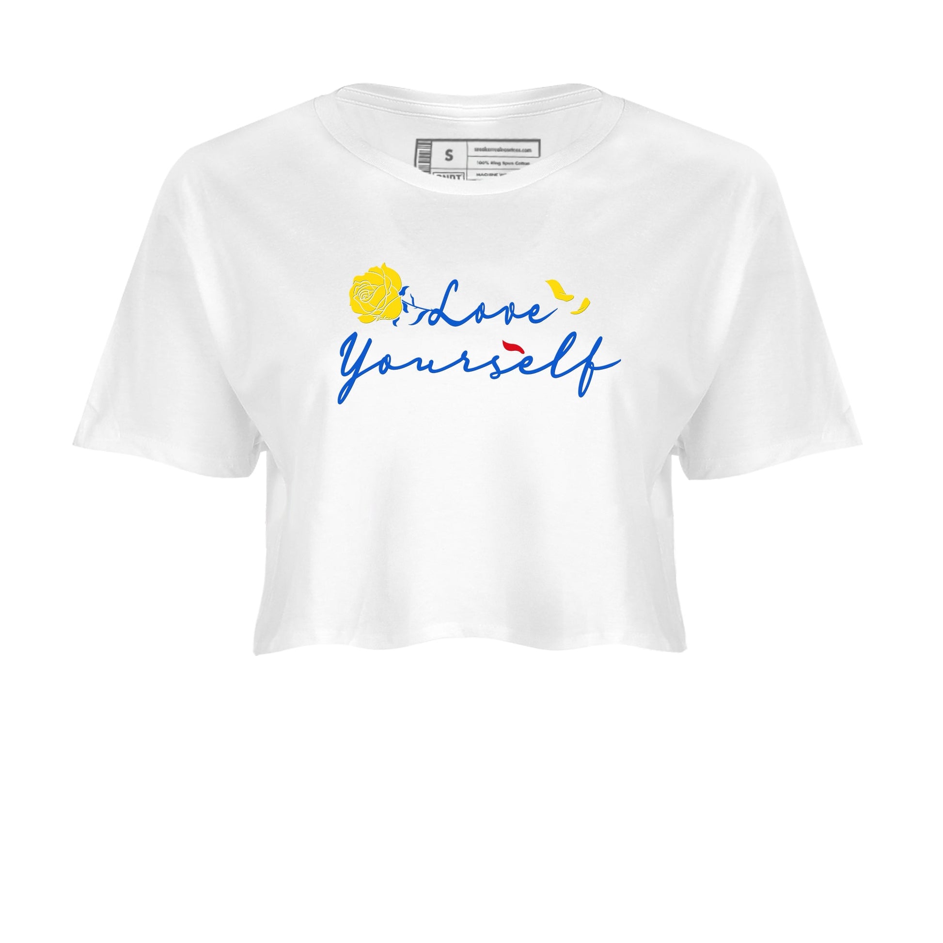 AJ1 Travis Scott Canary shirt to match jordans Love Yourself sneaker tees Air Jordan 1 Travis Scott Canary SNRT Sneaker Release Tees White 2 crop length shirt