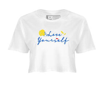 AJ1 Travis Scott Canary shirt to match jordans Love Yourself sneaker tees Air Jordan 1 Travis Scott Canary SNRT Sneaker Release Tees White 2 crop length shirt