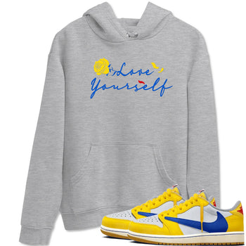 AJ1 Travis Scott Canary shirt to match jordans Love Yourself sneaker tees Air Jordan 1 Travis Scott Canary SNRT Sneaker Release Tees unisex cotton Heather Grey 1 crew neck shirt