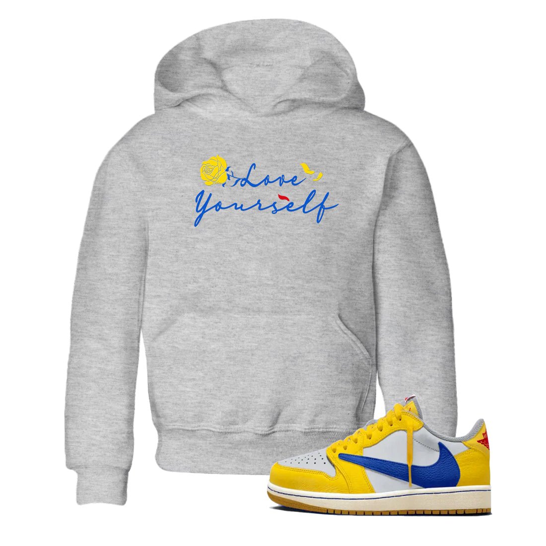 AJ1 Travis Scott Canary shirt to match jordans Love Yourself sneaker tees Air Jordan 1 Travis Scott Canary SNRT sneaker release tees baby toddler Heather Grey 1 cotton Shirt