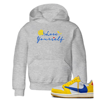 AJ1 Travis Scott Canary shirt to match jordans Love Yourself sneaker tees Air Jordan 1 Travis Scott Canary SNRT sneaker release tees baby toddler Heather Grey 1 cotton Shirt