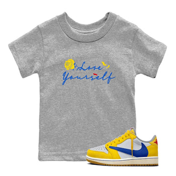 AJ1 Travis Scott Canary shirt to match jordans Love Yourself sneaker tees Air Jordan 1 Travis Scott Canary SNRT sneaker release tees baby toddler Heather Grey 1 cotton Shirt