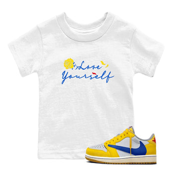 AJ1 Travis Scott Canary shirt to match jordans Love Yourself sneaker tees Air Jordan 1 Travis Scott Canary SNRT sneaker release tees baby toddler White 1 cotton Shirt
