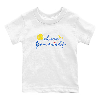 AJ1 Travis Scott Canary shirt to match jordans Love Yourself sneaker tees Air Jordan 1 Travis Scott Canary SNRT sneaker release tees baby toddler White 2 cotton Shirt