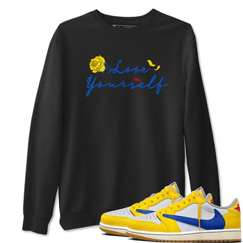 AJ1 Travis Scott Canary shirt to match jordans Love Yourself sneaker tees Air Jordan 1 Travis Scott Canary SNRT Sneaker Release Tees unisex cotton Black 1 crew neck shirt