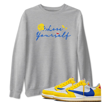 AJ1 Travis Scott Canary shirt to match jordans Love Yourself sneaker tees Air Jordan 1 Travis Scott Canary SNRT Sneaker Release Tees unisex cotton Heather Grey 1 crew neck shirt
